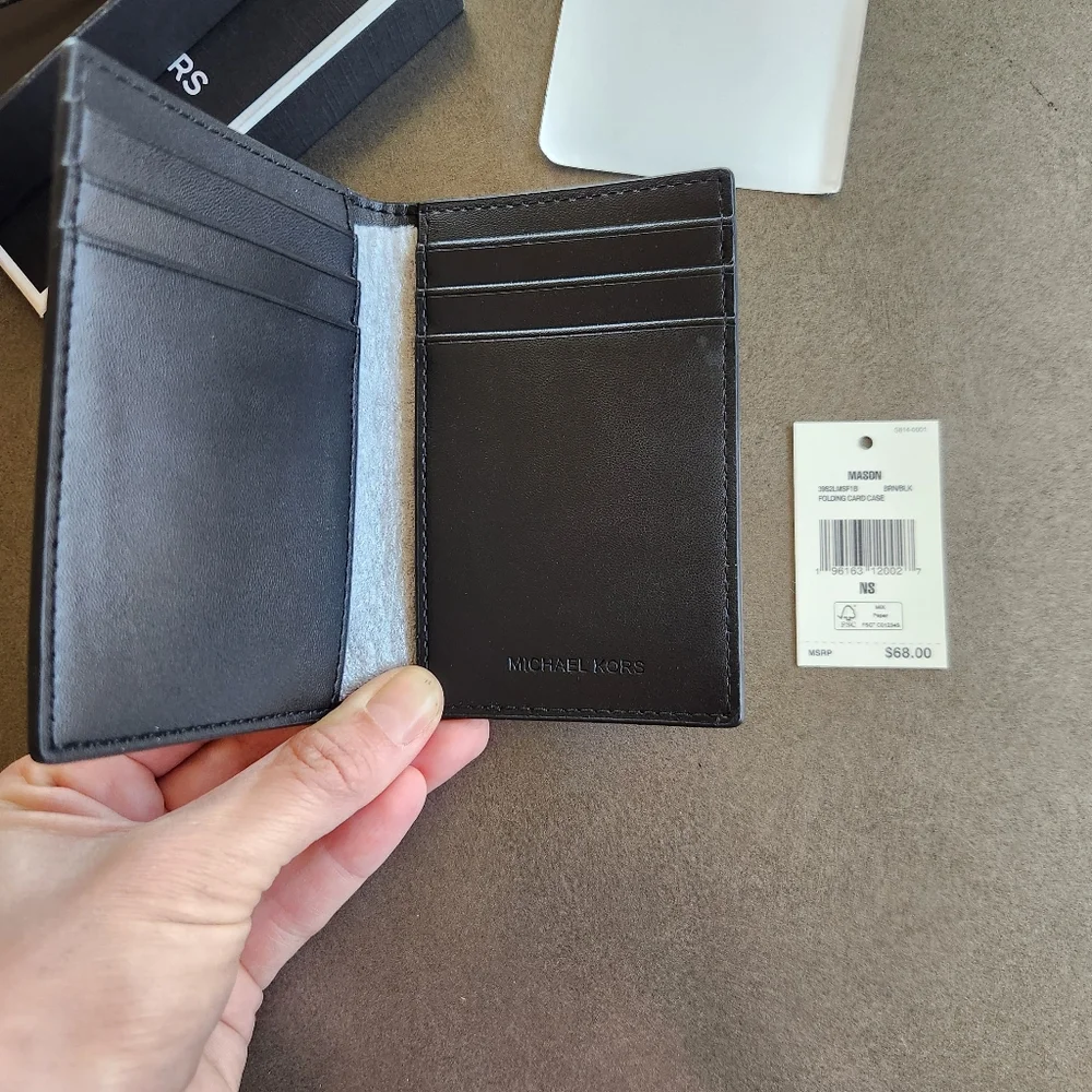 Michael Kors Brown Mason Logo Mens Bi-Fold Card Case New $68